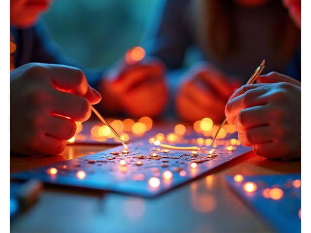 Niños creando circuitos de cobre para tarjetas luminosas