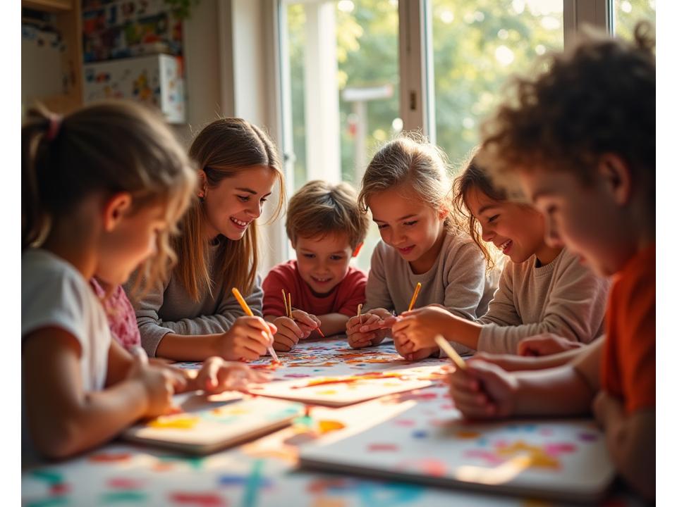 Familias participando en talleres creativos intergeneracionales