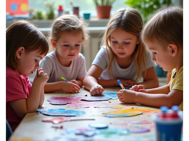 Niños de primaria trabajando con técnicas mixtas de arte